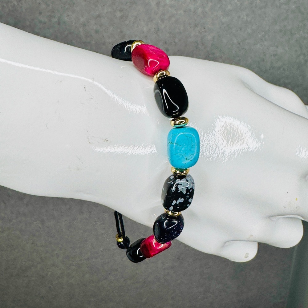 Mixed Gemstone Style Bracelet Chunky Natural Stone Look‎ Adjustable Cord 6-10 in